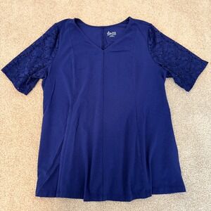 Denim & Co Lace Sleeve Top Womens XL Royal Blue V-Neck Cotton Blend Jersey